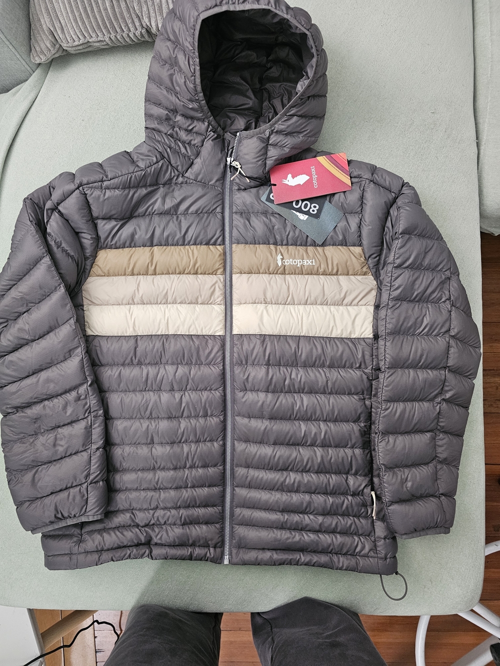 Kids Hooded Puffer Jacket in Gray with Neutral Stripe